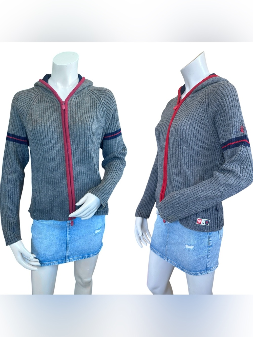 Vintage MUDD Y2K Chunky Knit Grunge Dark Gray Zip Up Hooded Sweater Size Large